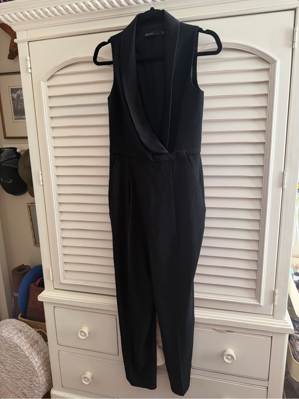 Karen Millen Black Sleeveless Satin-Lapel Jumpsuit